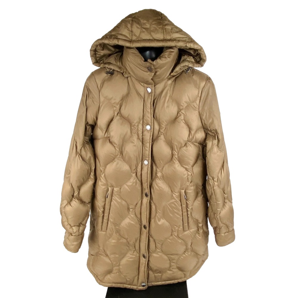 Michael Kors Down Jacket w Hood Womens S Gold Brown Packable Quilted Zip Pockets